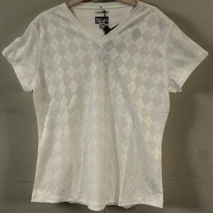 New Woman’s Adidas Coolmax Argle  White Checkered V-Neck Golf Tee UPF 15 L